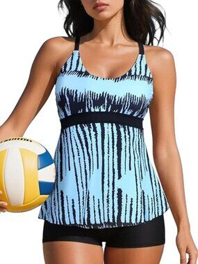 Century Star Brand Women's XL NWOT Blue & Black Modest Tankini Swimsuit Boyshort